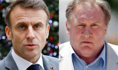 Emmanuel Macron à Paris, le 13 décembre 2023 et Gérard Depardieu à Nice, le 6 juin 2023. ( AFP / LUDOVIC MARIN )